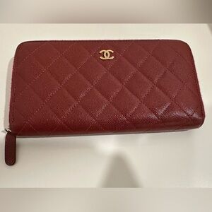 Chanel Red Caviar Leather Round Zip Wallet